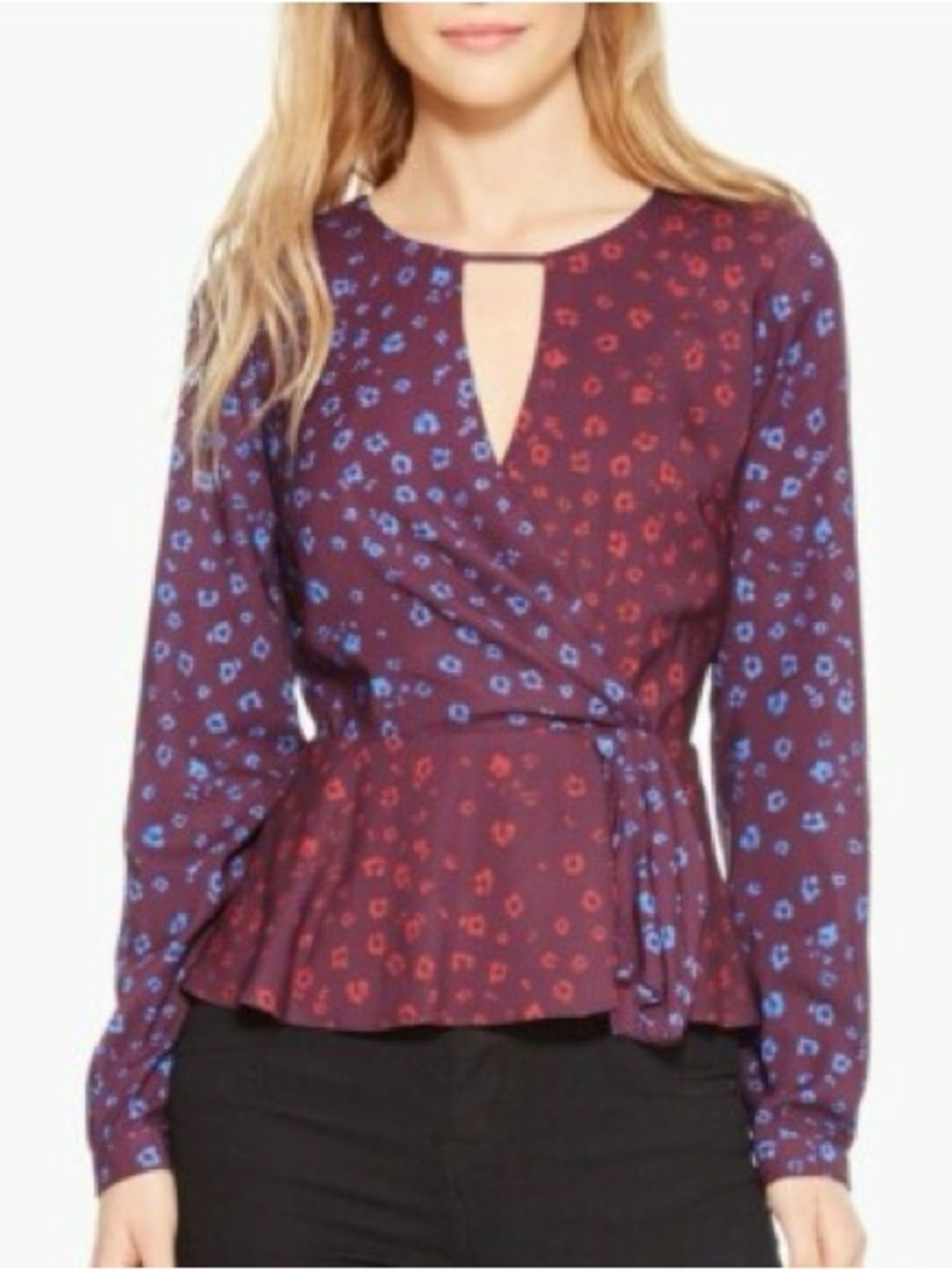 Parker Wrap Peplum keyhole Blouse - Burgundy with Blue & Red leopard Print